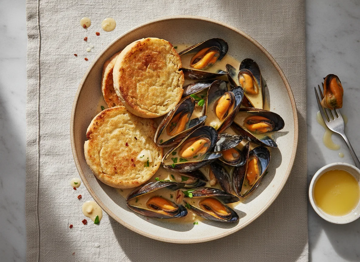 Steamed Mussels with English Muffin photo
