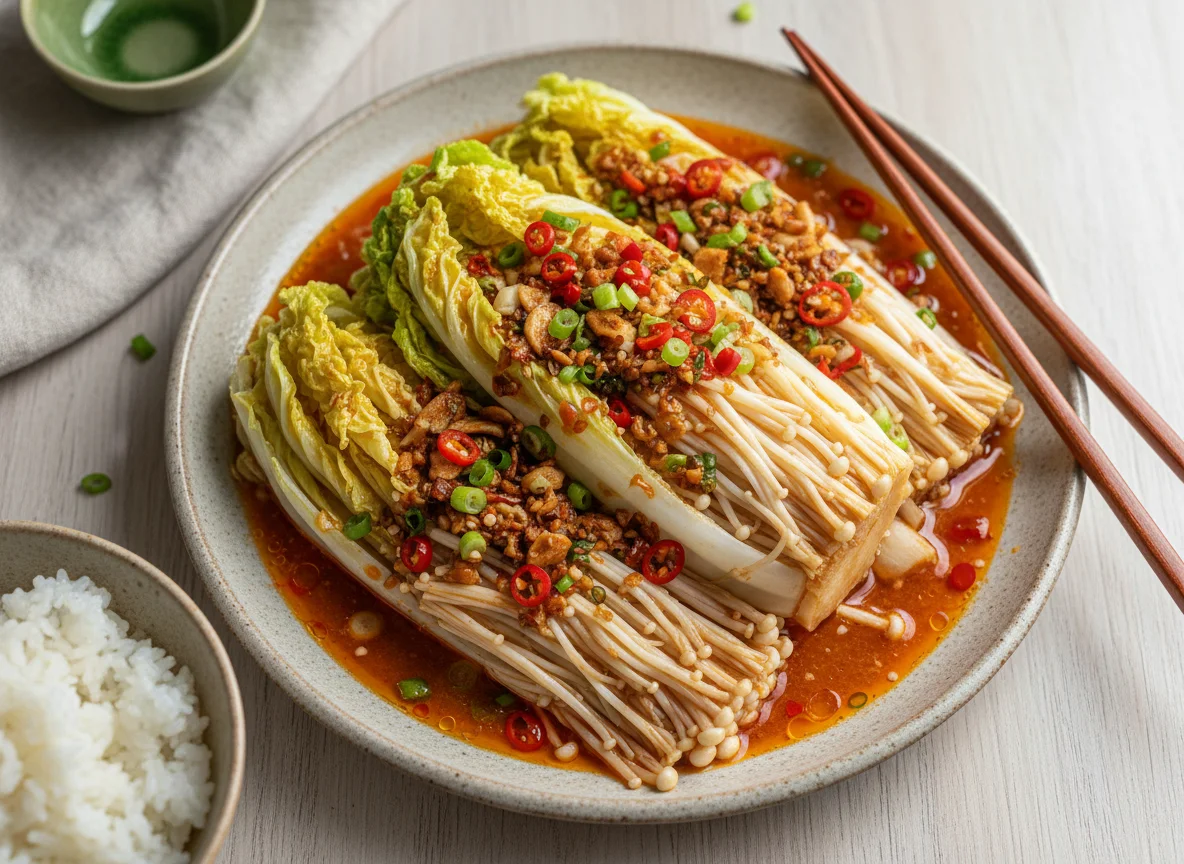 Steamed Napa Cabbage and Enoki Mushrooms with Garlic Chili Sauce photo