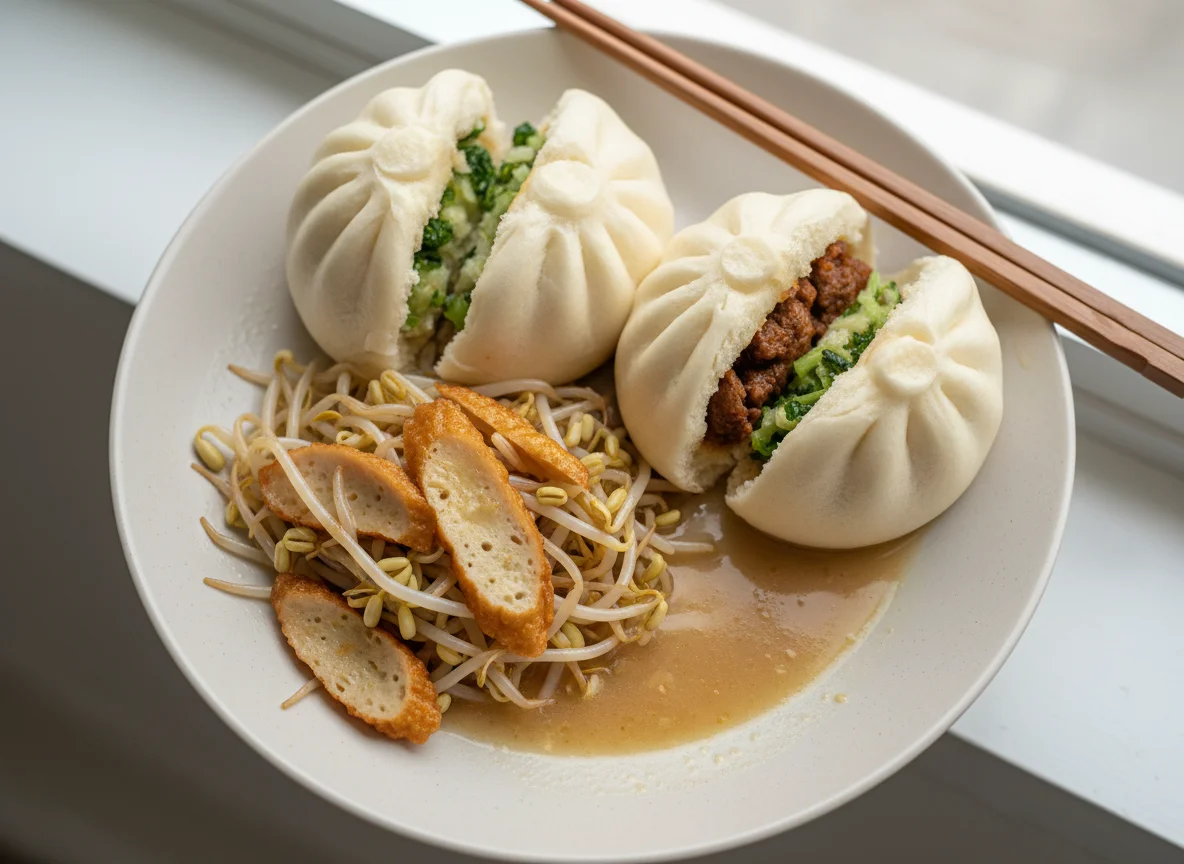 Steamed Pau with Stir-fried Bean Sprouts and Fish Cake photo
