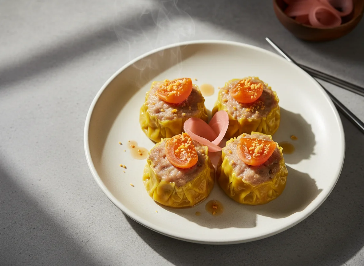 Steamed Pork Dumpling with Salted Egg Yolk and Pickled Ginger photo