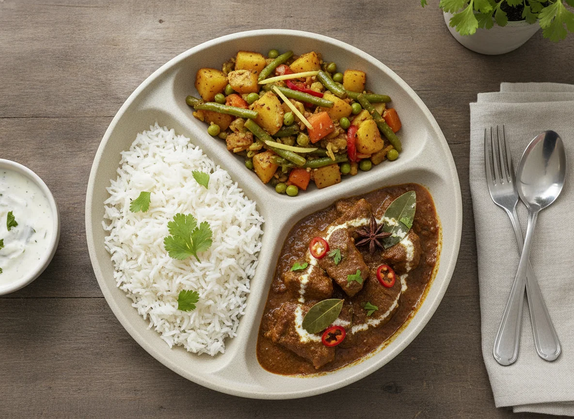 Steamed Rice with Vegetable Sabzi and Meat Curry photo