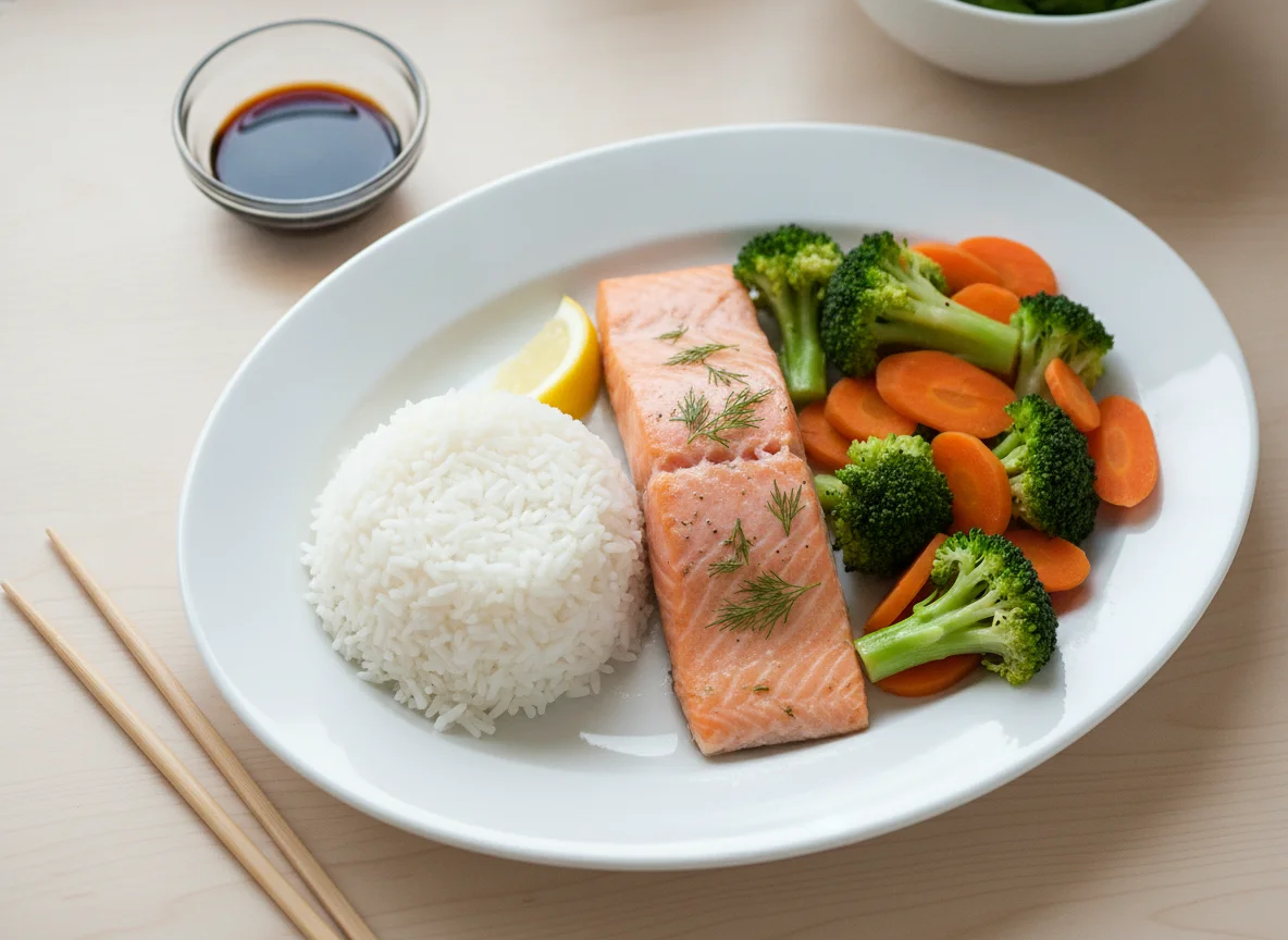 Steamed Salmon with Rice and Vegetables photo