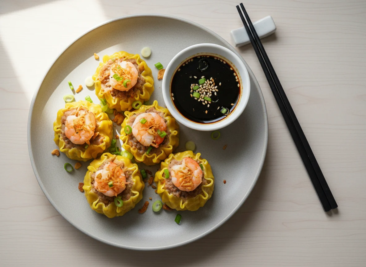 Steamed Shrimp and Pork Dumplings (Shumai) with Dipping Sauce photo
