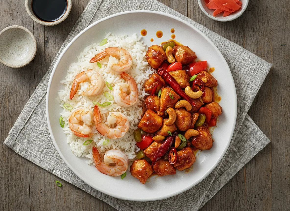 Steamed Shrimp and Stir-fried Chicken with Rice photo