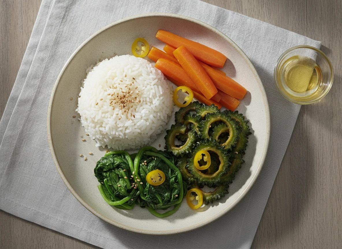 Steamed vegetables with rice and stir-fried bitter melon photo