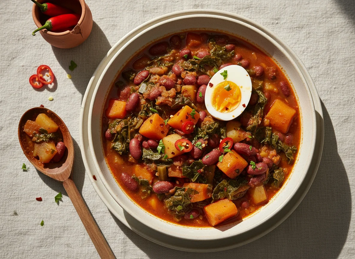 Stew with Beans, Greens, Yam, and Hard-Boiled Egg photo