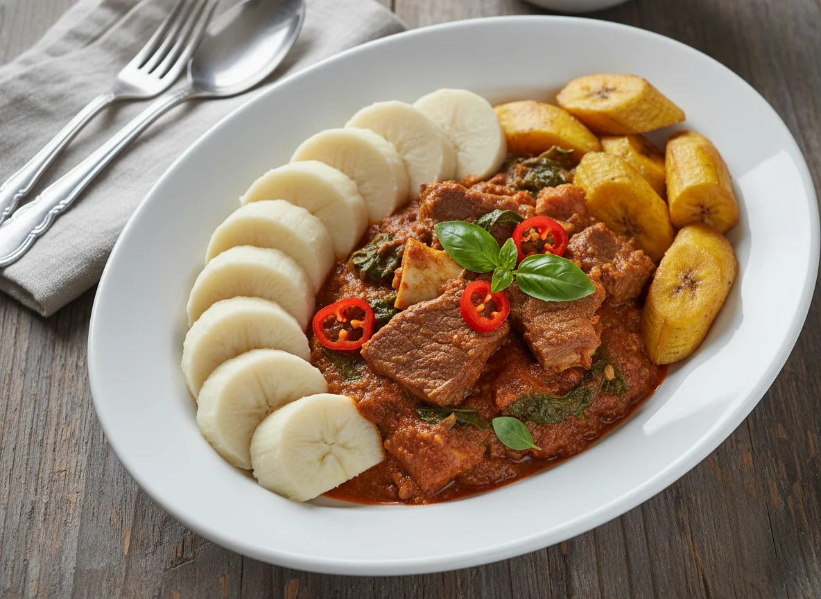 Stew with Boiled Yam and Plantain photo