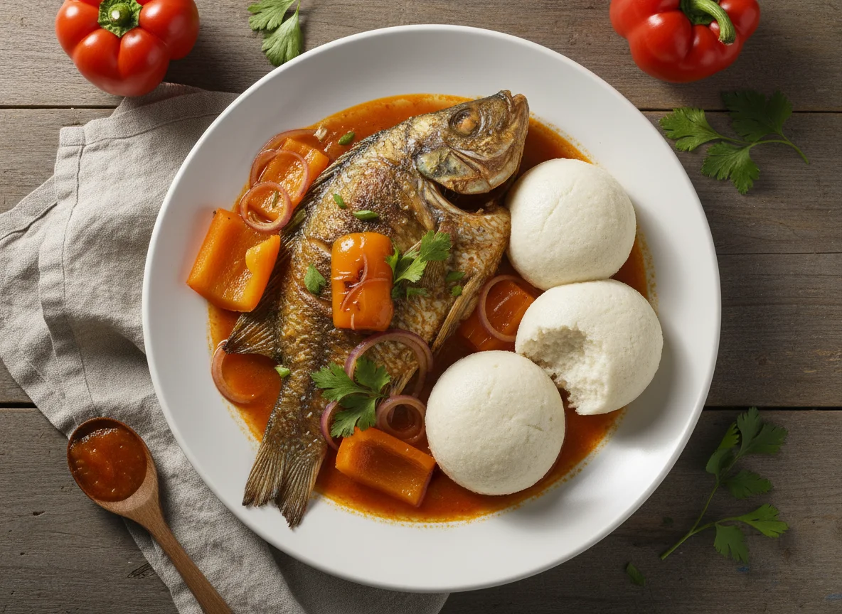 Stew with Fufu and Fish photo