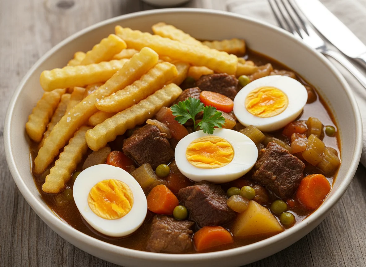 Stew with hard-boiled eggs and fries photo