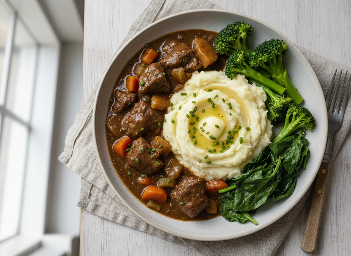 Stew with Mashed Potato and Greens photo