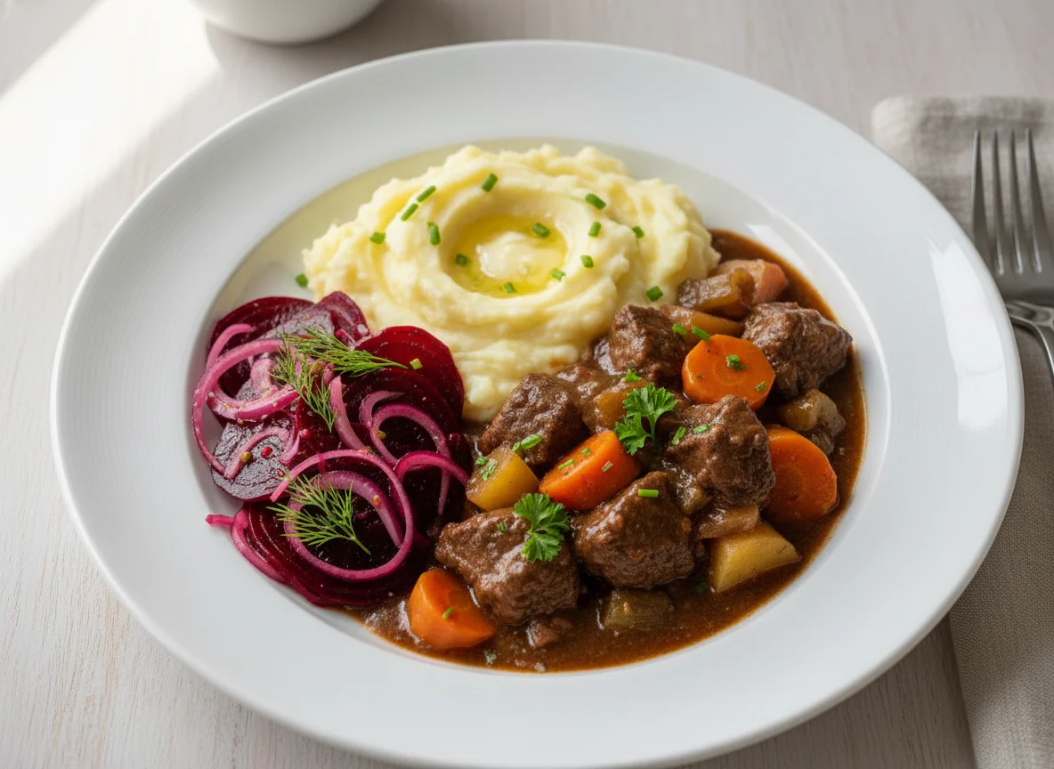 Stew with Mashed Potatoes and Beetroot Salad photo