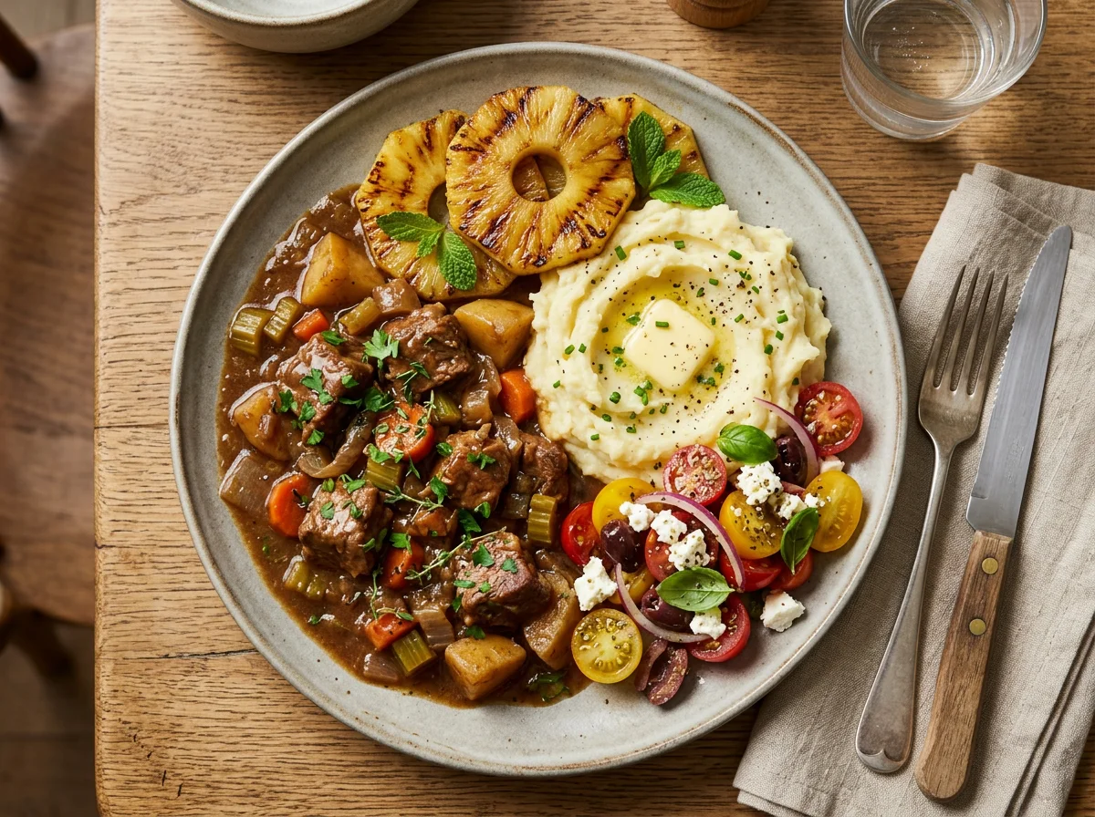 Stew with mashed potatoes, tomato and feta salad, and pineapple photo