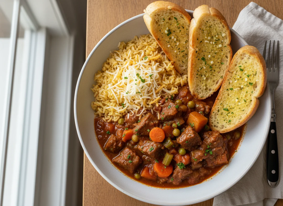 Stew with rice and garlic bread photo