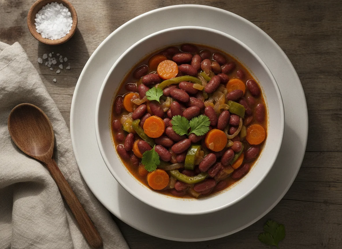 Stewed beans with vegetables photo