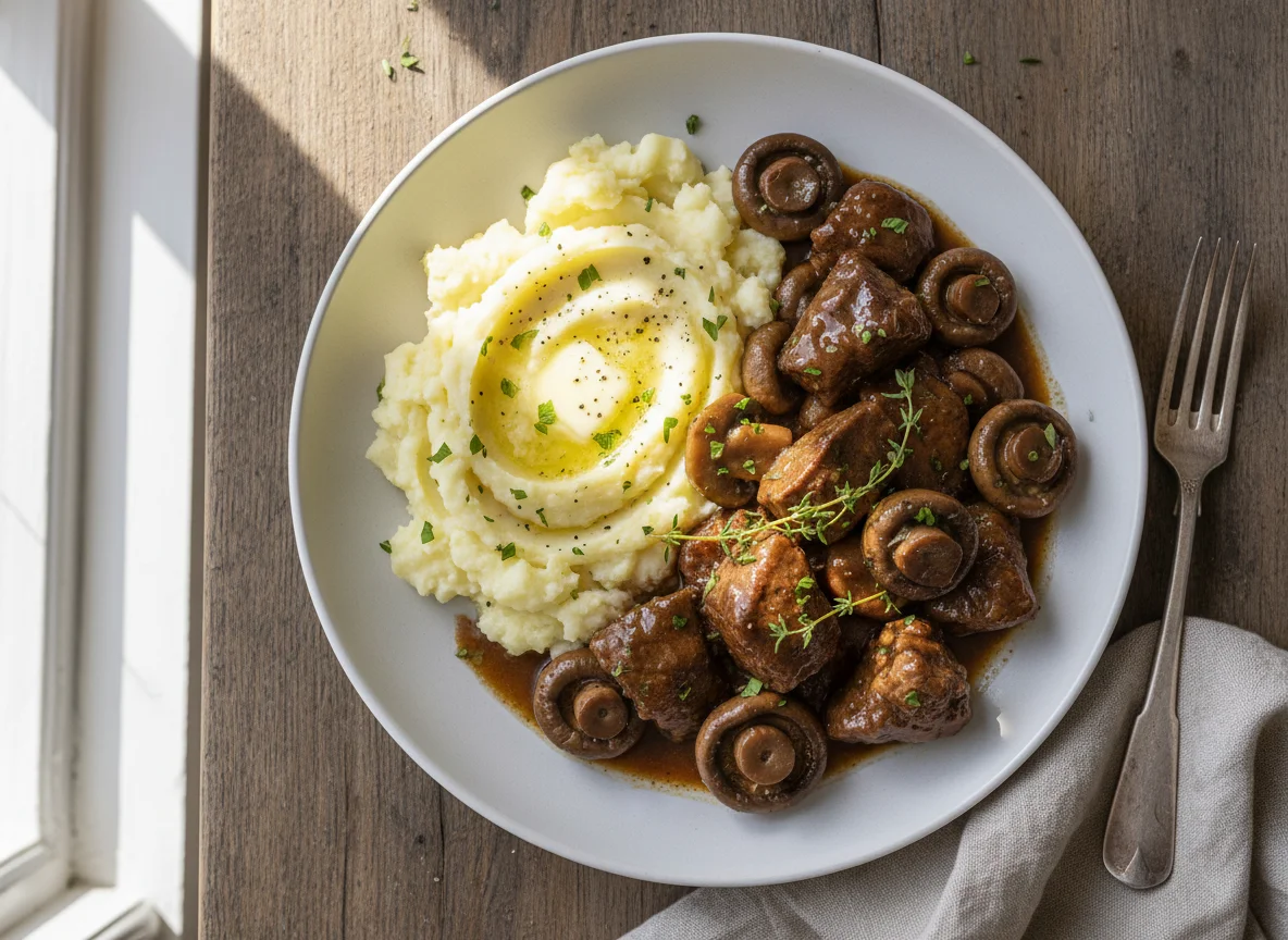 Stewed Beef and Mushrooms with Mashed Potatoes photo
