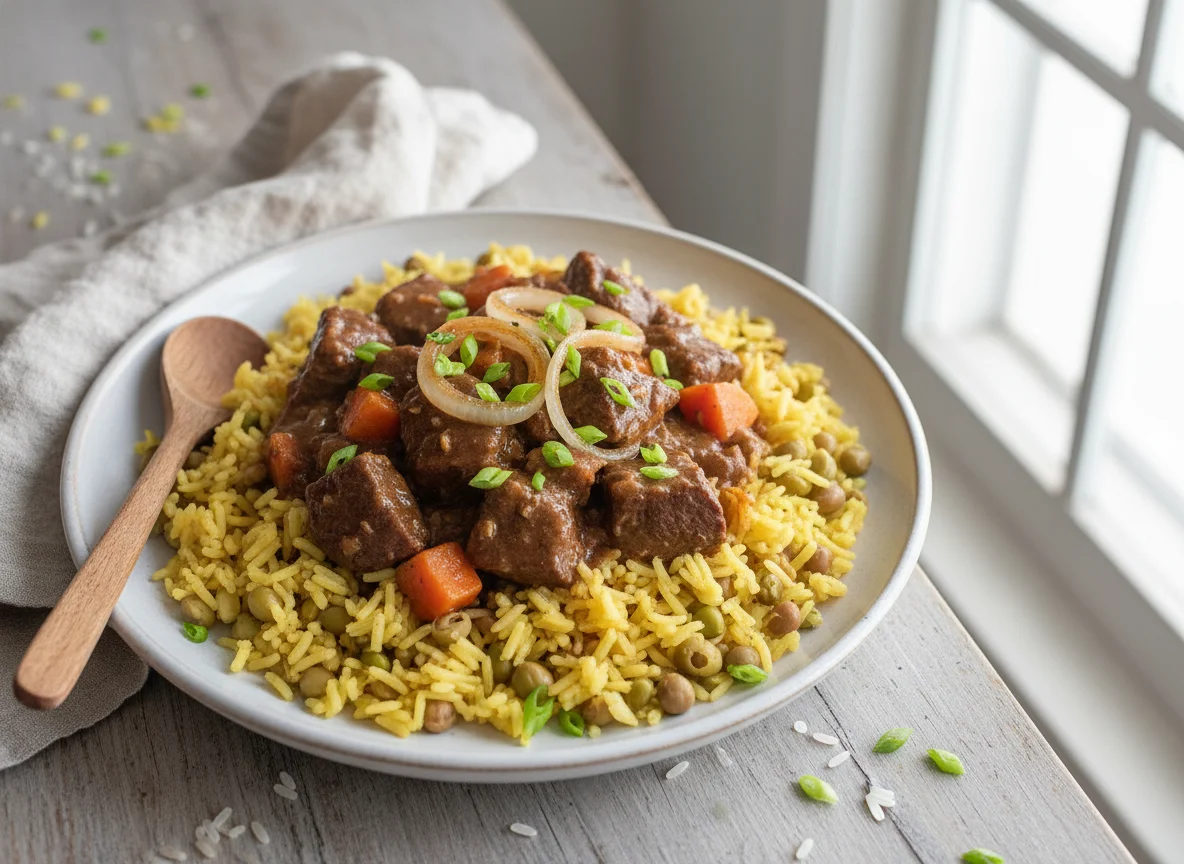 Stewed Beef with Rice and Onions photo