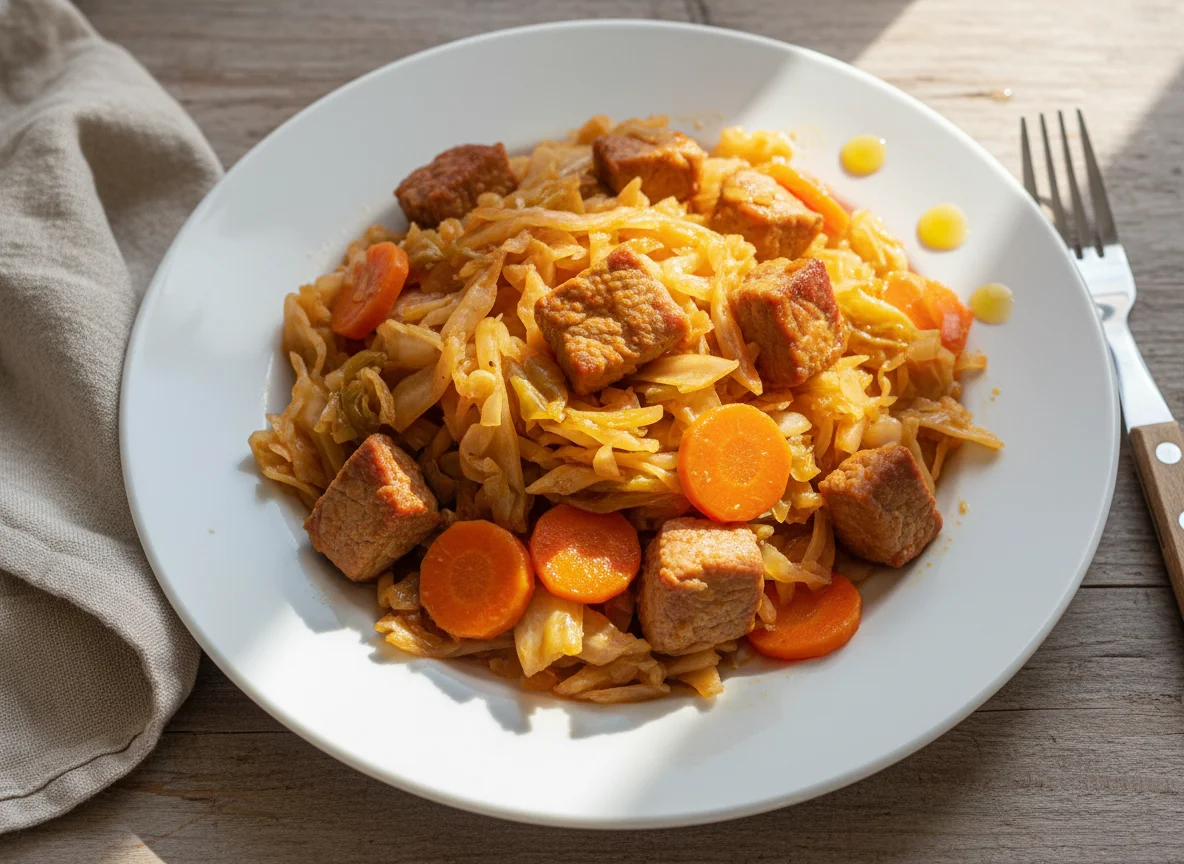 Stewed Cabbage with Pork and Carrots photo