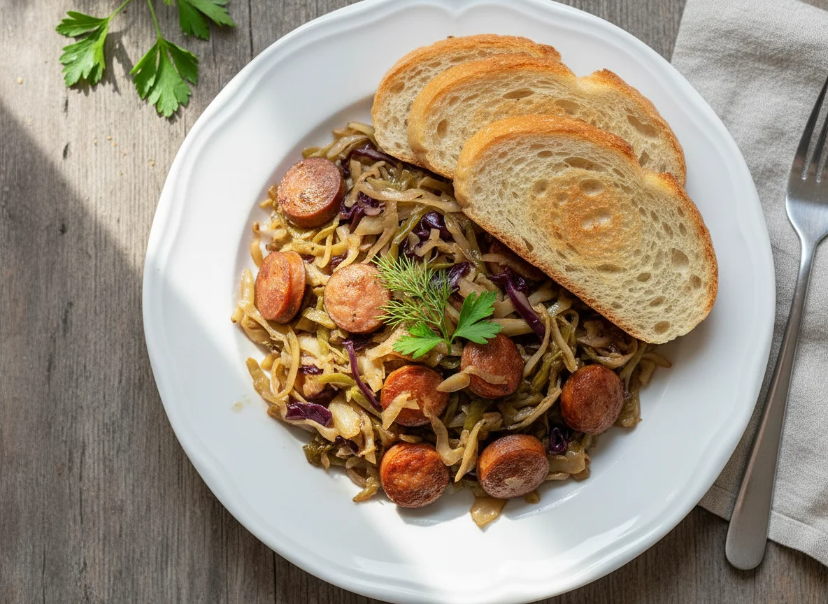 Stewed Cabbage with Sausage and Bread photo