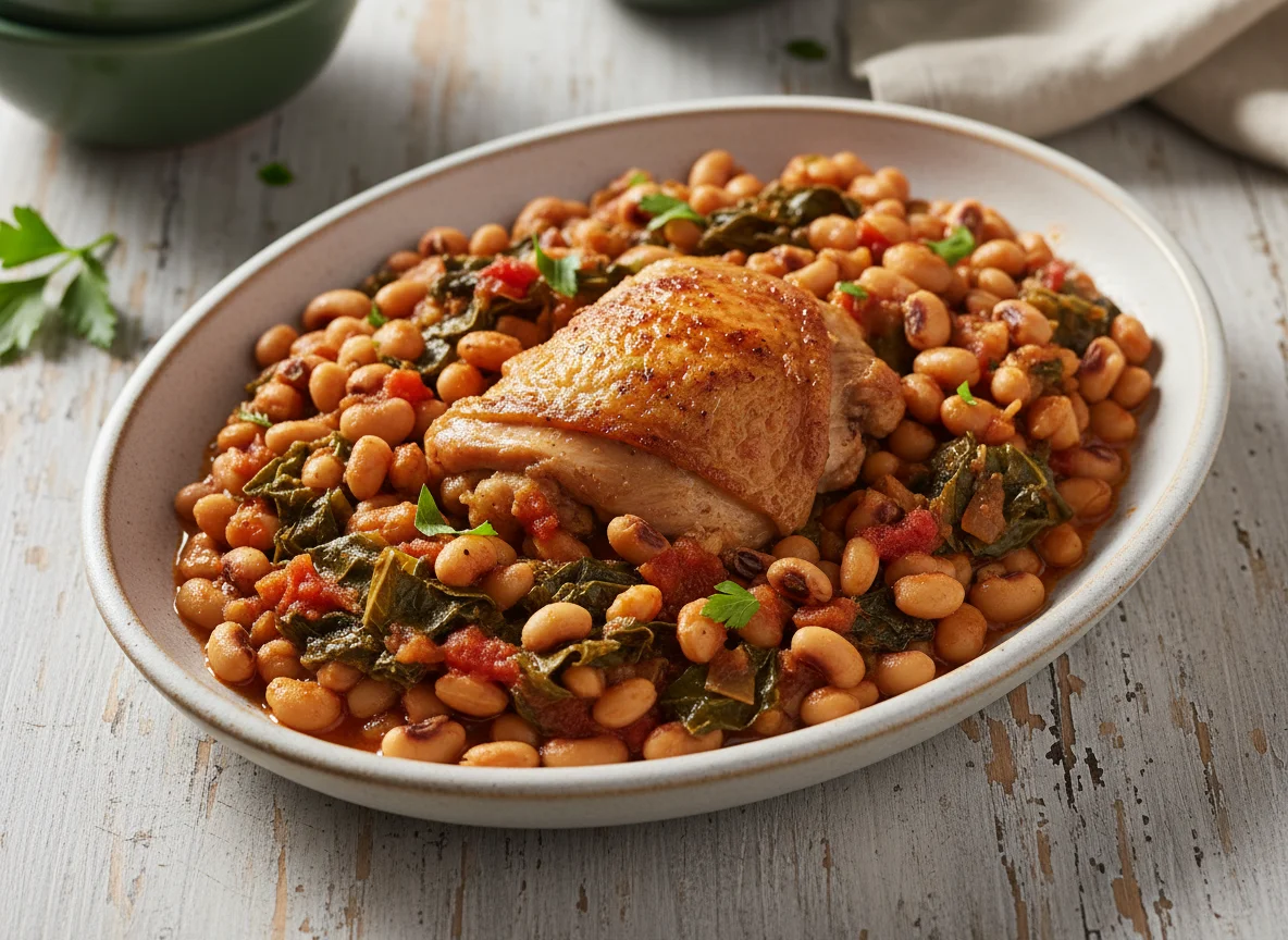 Stewed Chicken with Black-Eyed Peas and Greens photo