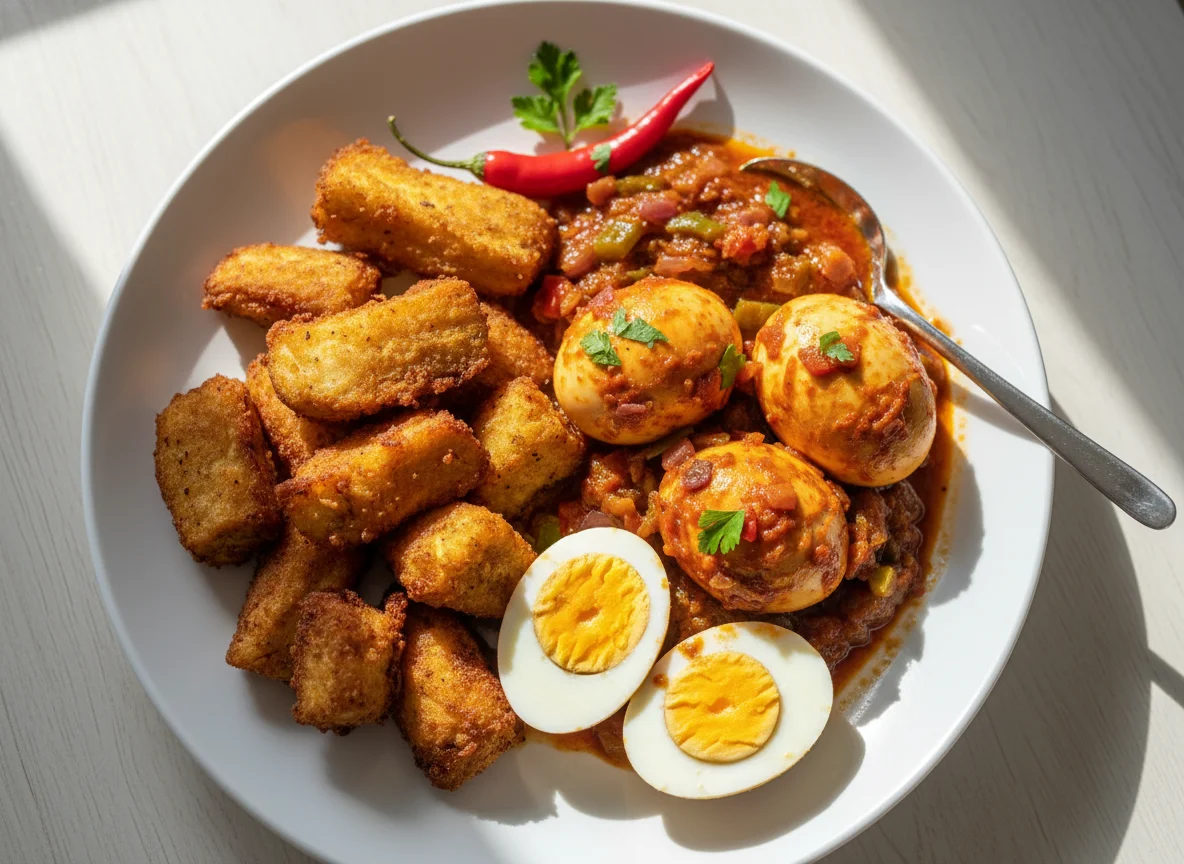 Stewed Eggs and Fried Yam photo