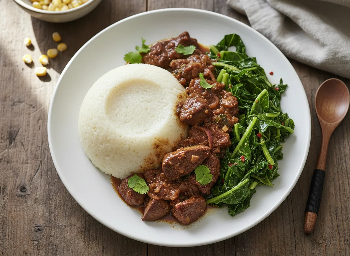 Stewed Liver with Ugali and Greens photo