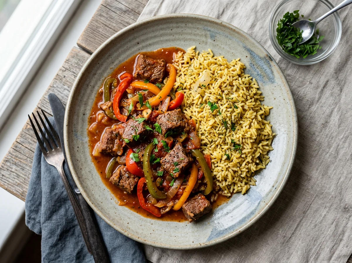 Stewed Meat with Bell Peppers and Seasoned Rice photo