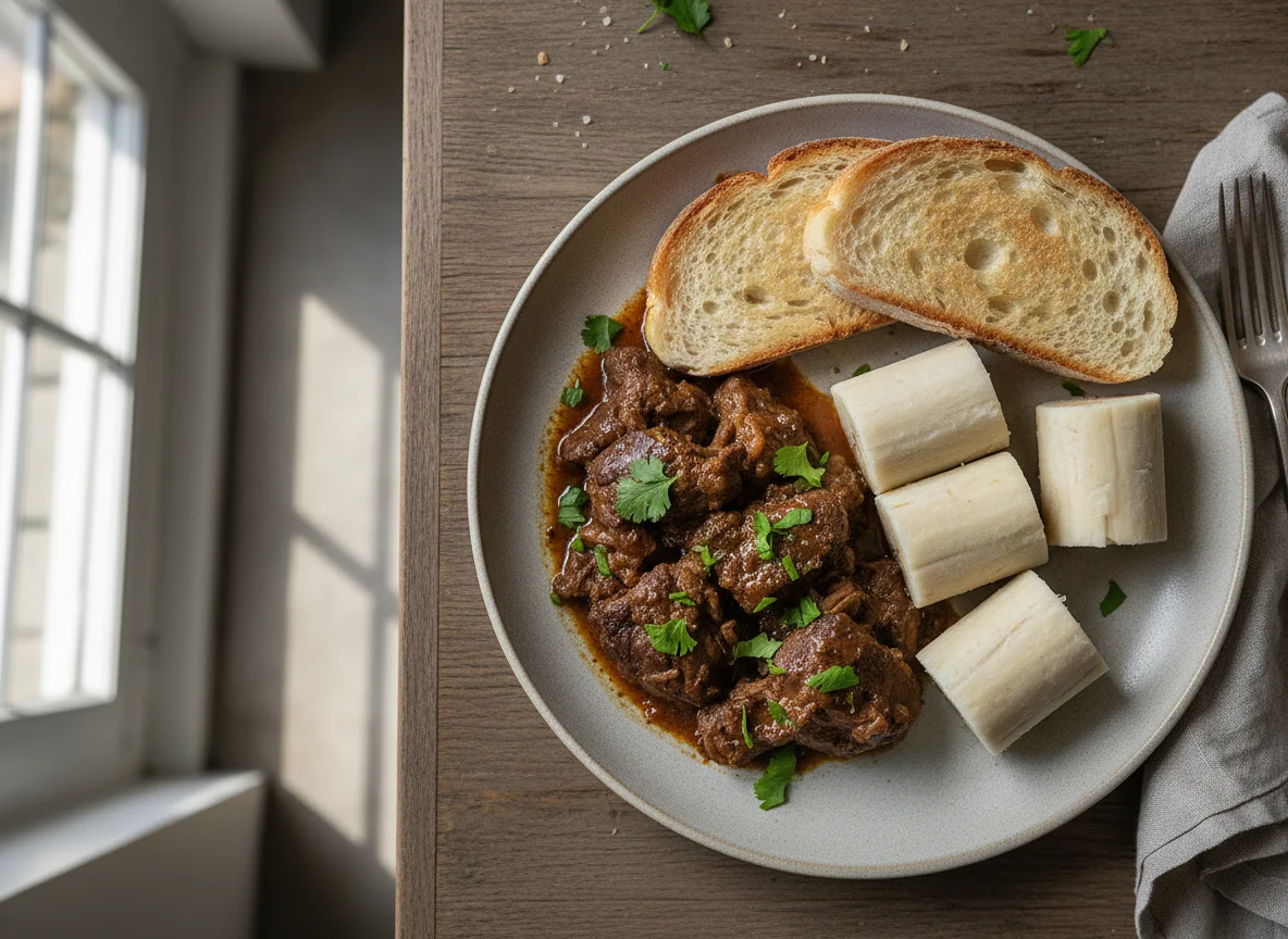 Stewed meat with bread and boiled yam photo
