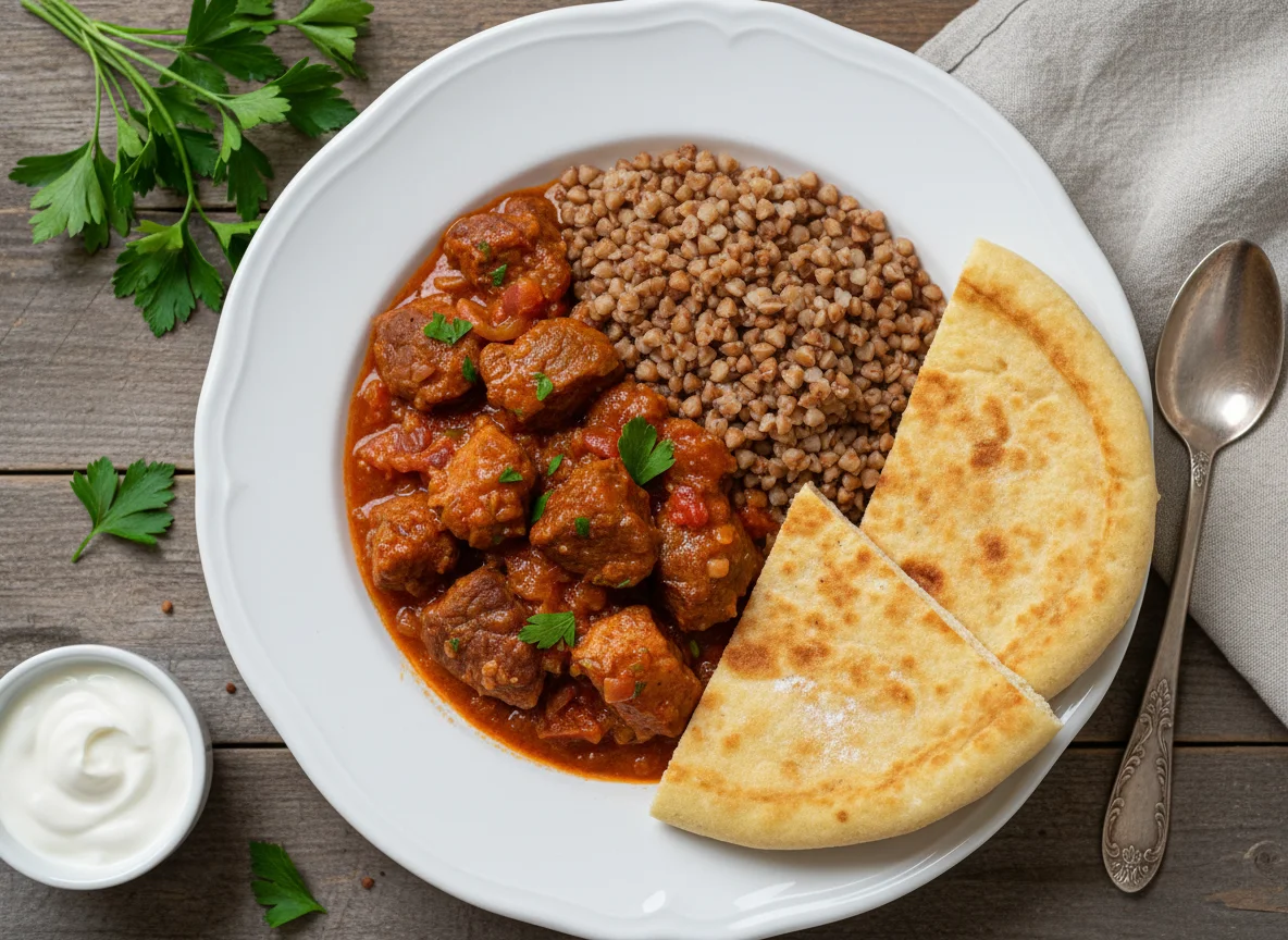 Stewed Meat with Buckwheat and Flatbread photo
