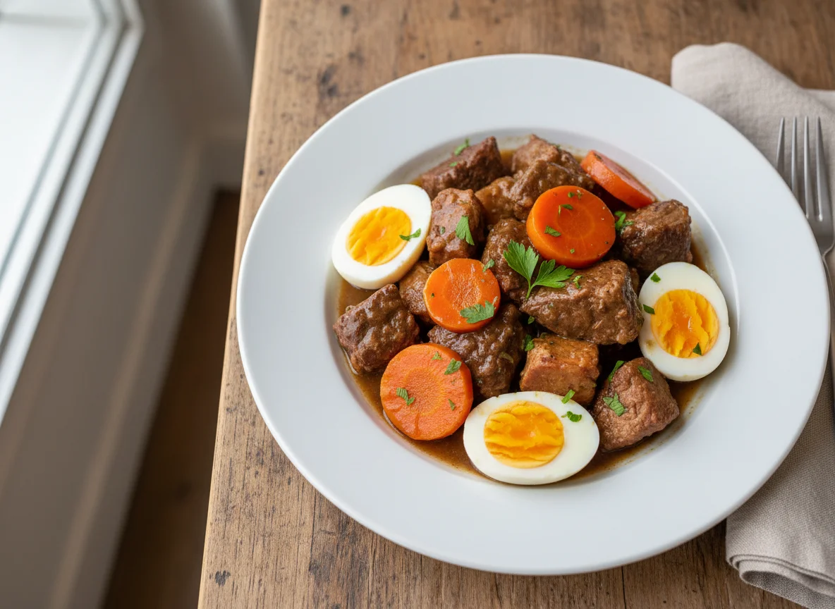 Stewed Meat with Carrots and Hard-Boiled Egg photo