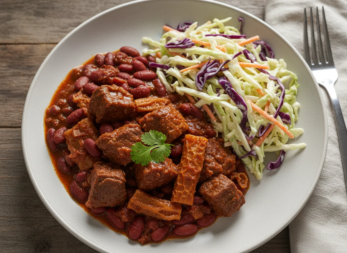 Stewed Meat with Kidney Beans and Coleslaw photo