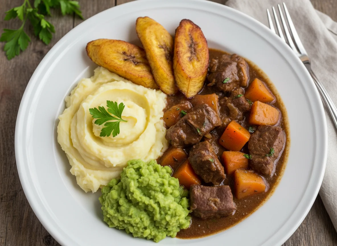 Stewed Meat with Mashed Potatoes and Mushy Peas photo