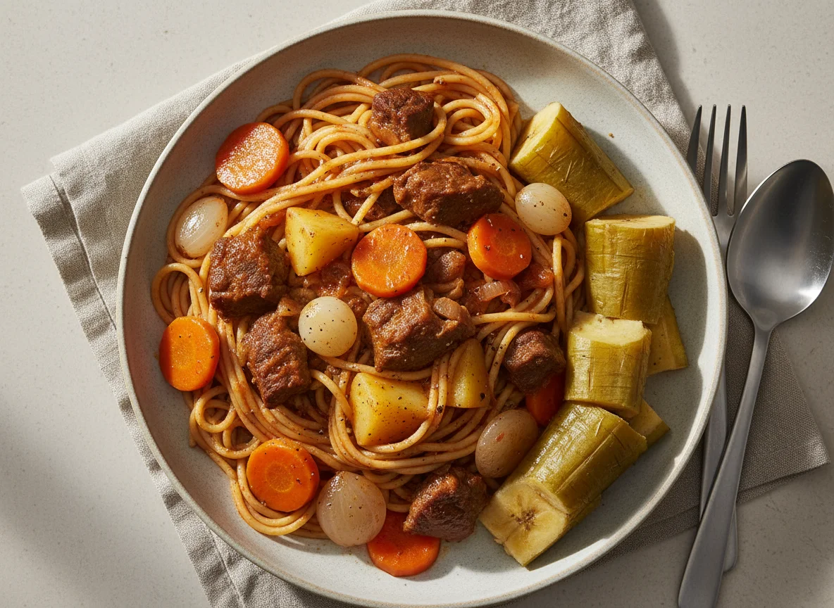 Stewed Meat with Noodles and Plantain photo