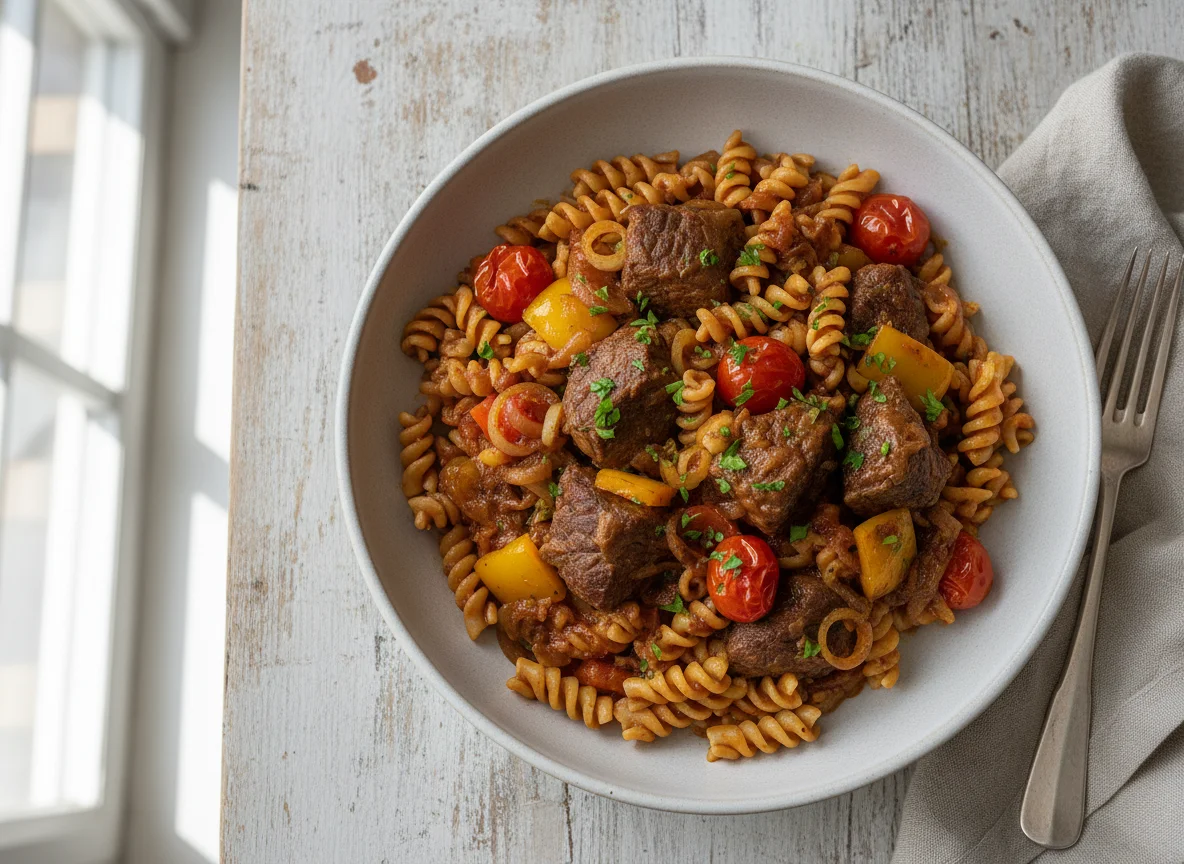 Stewed meat with pasta and vegetables photo