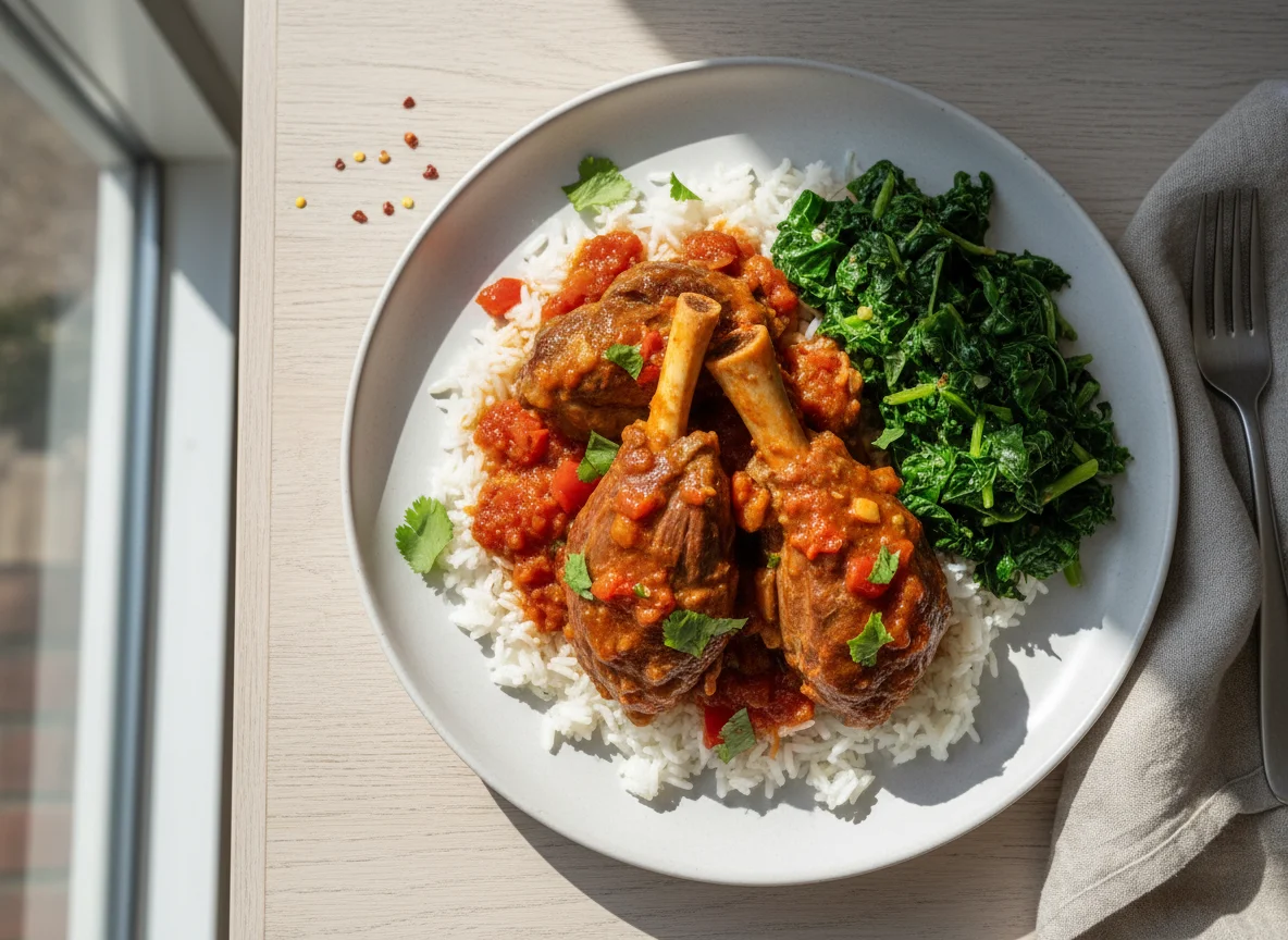 Stewed Meat with Rice and Greens photo