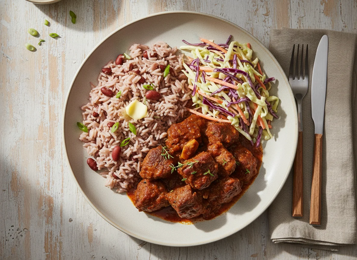 Stewed Meat with Rice and Peas and Coleslaw photo