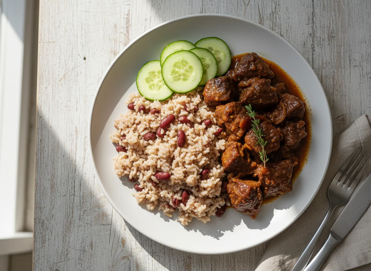 Stewed Meat with Rice and Peas and Cucumber photo