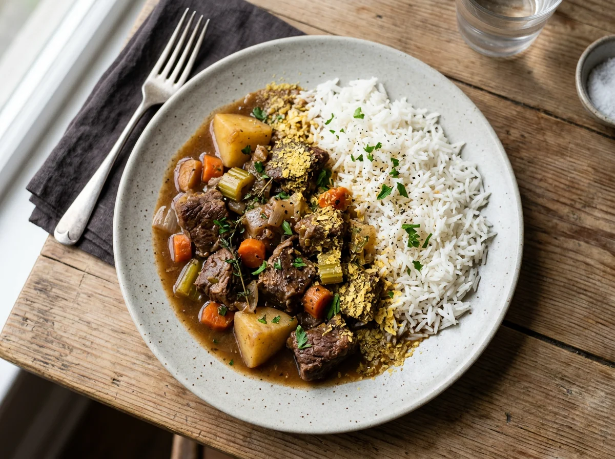 Stewed meat with rice and vegetables photo