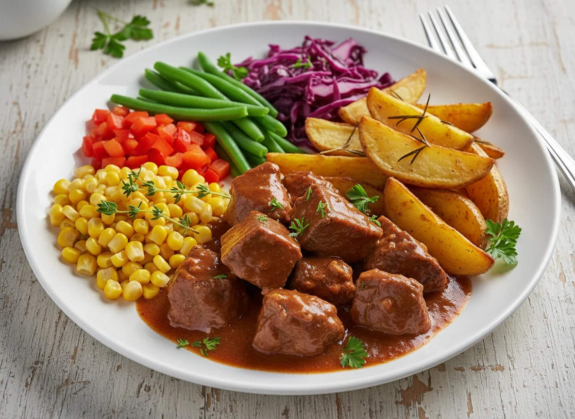 Stewed Meat with Roasted Potatoes and Mixed Vegetables photo