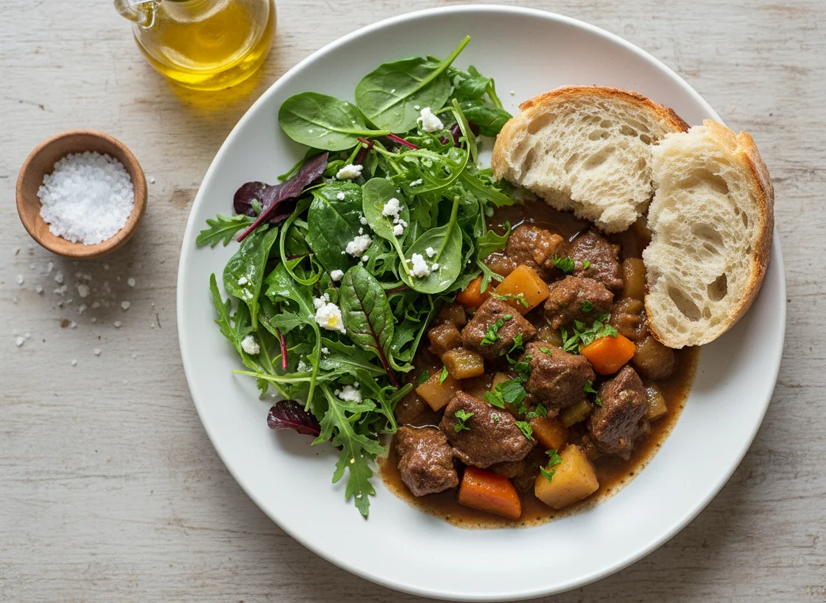 Stewed Meat with Salad and Bread photo