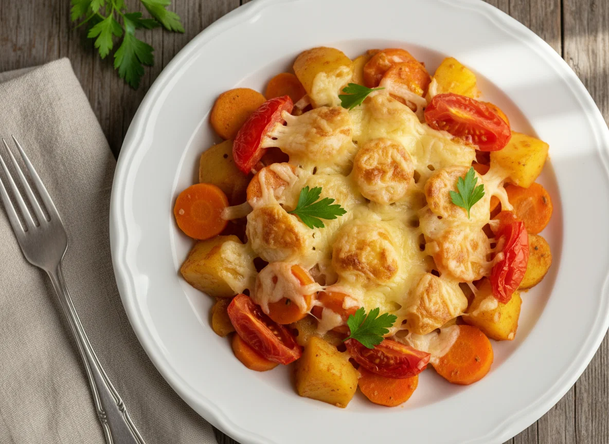 Stewed Potatoes with Cheese and Tomato photo