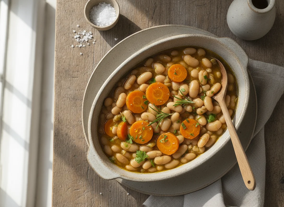 Stewed white beans with carrots photo