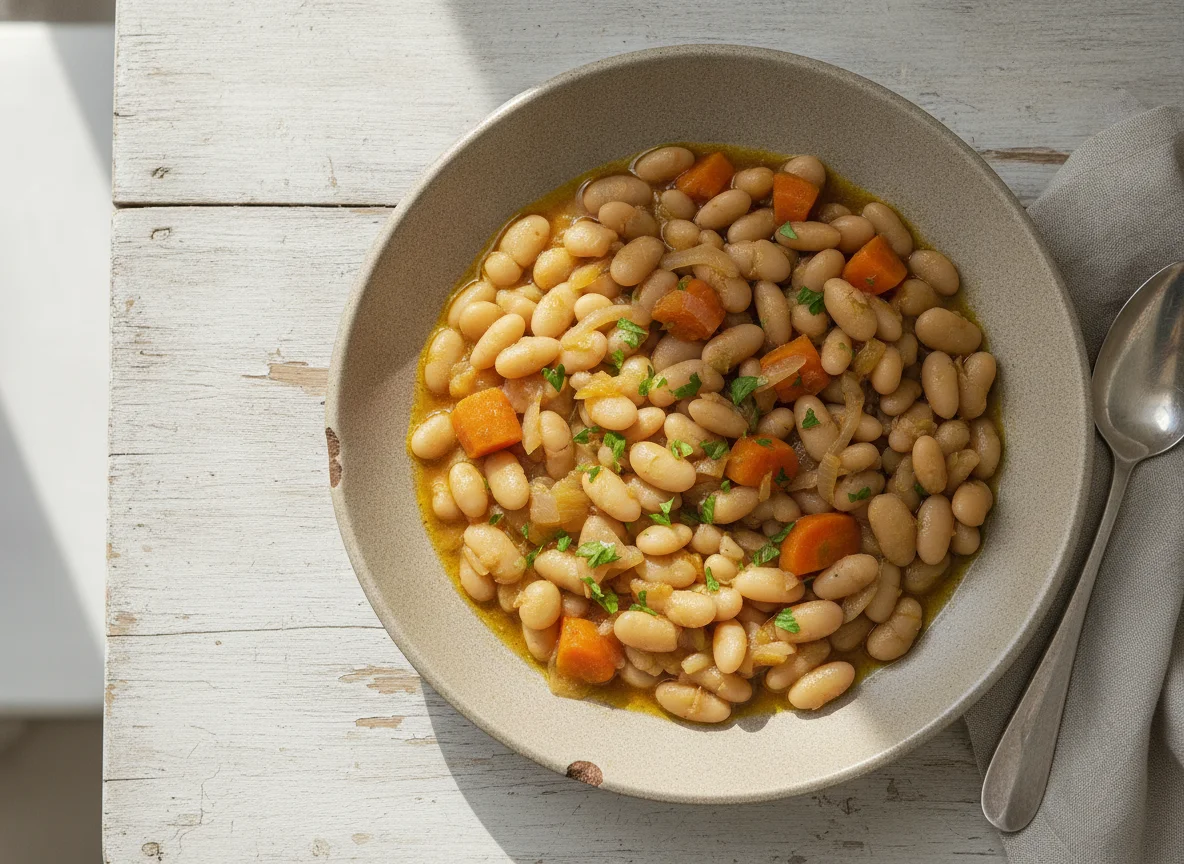 Stewed white beans with carrots and onions photo