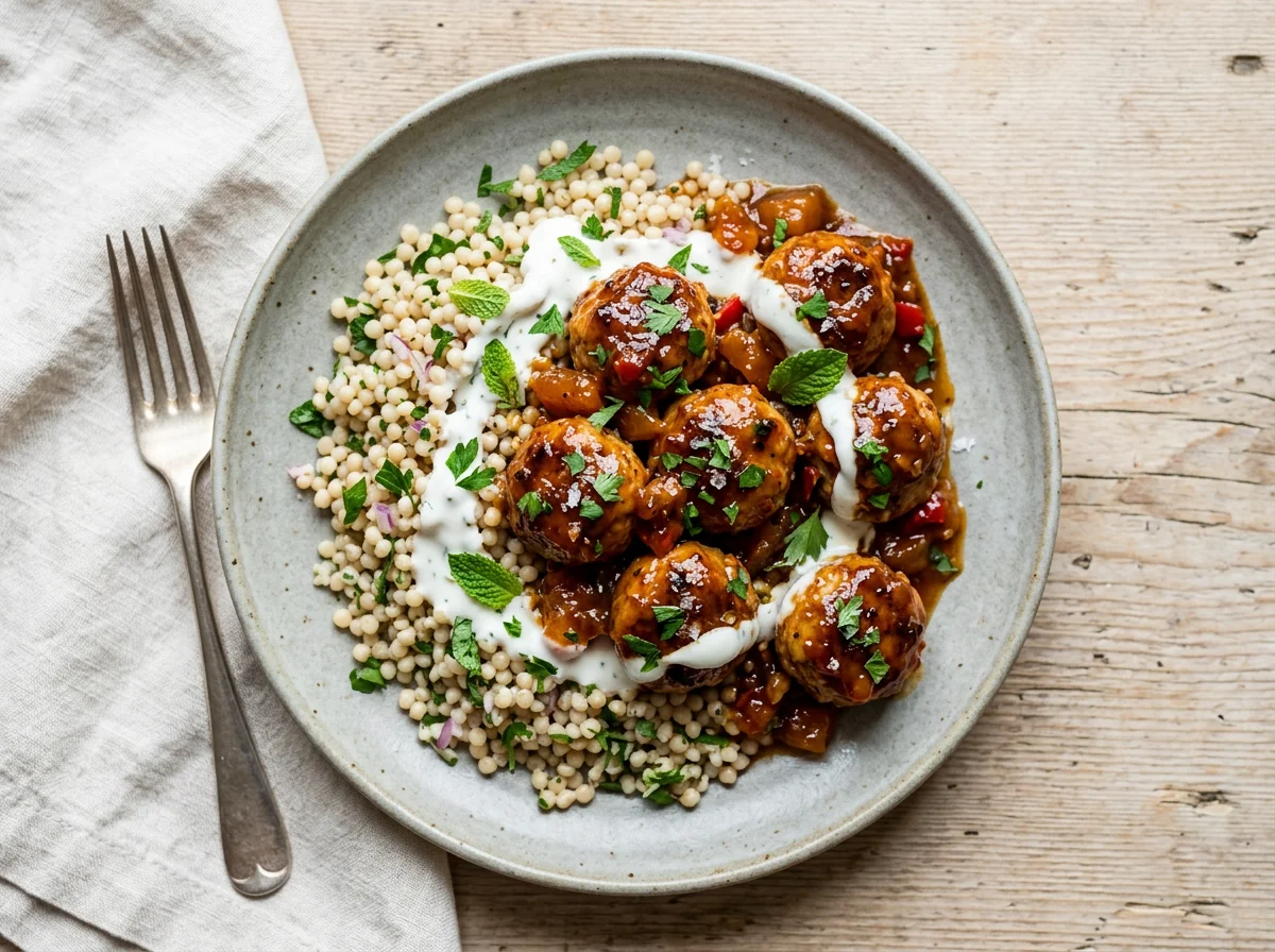Sticky Chicken & Apricot Meatballs with Couscous photo
