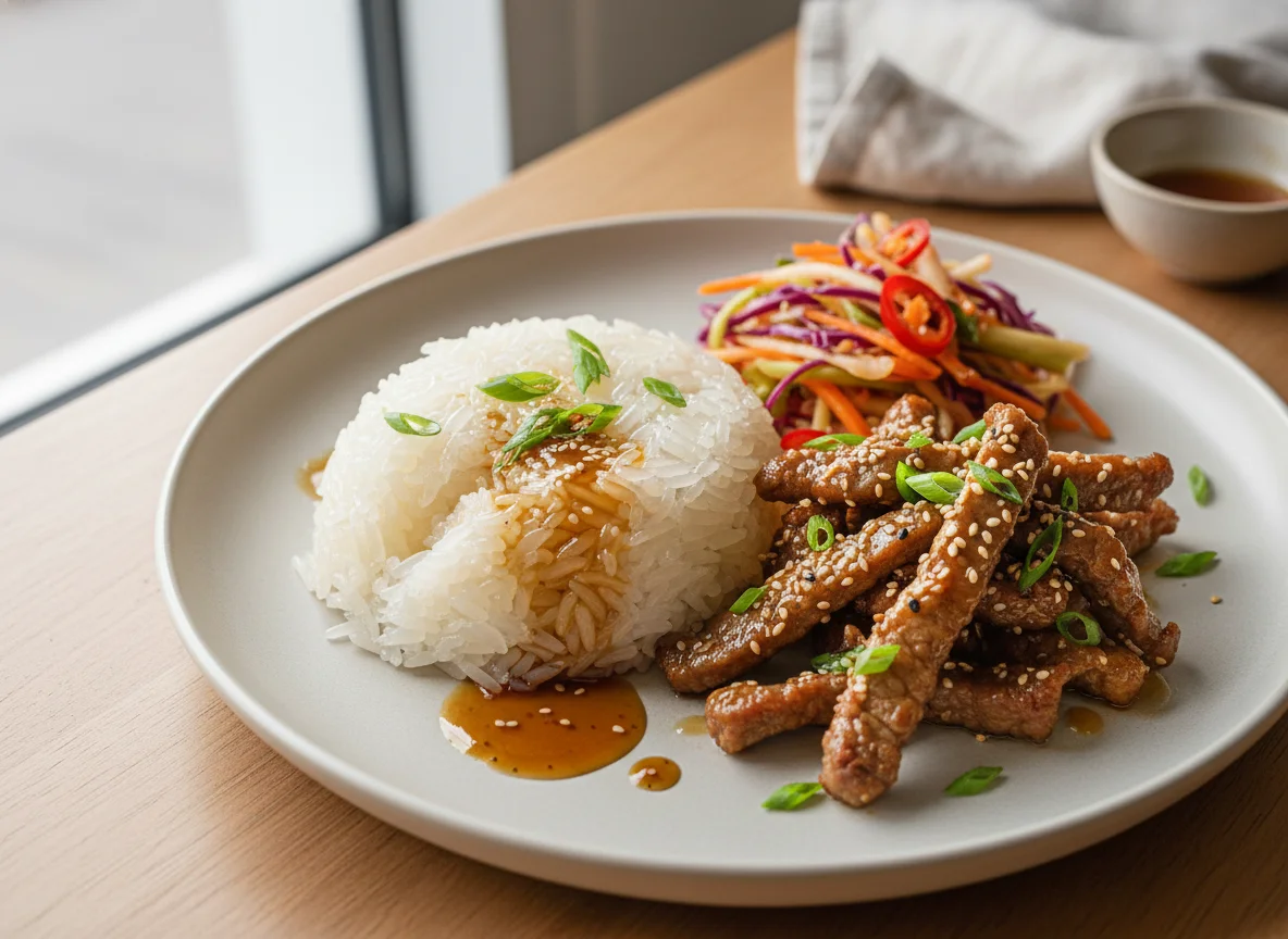 Sticky Rice with Fried Beef and Pickled Cabbage photo
