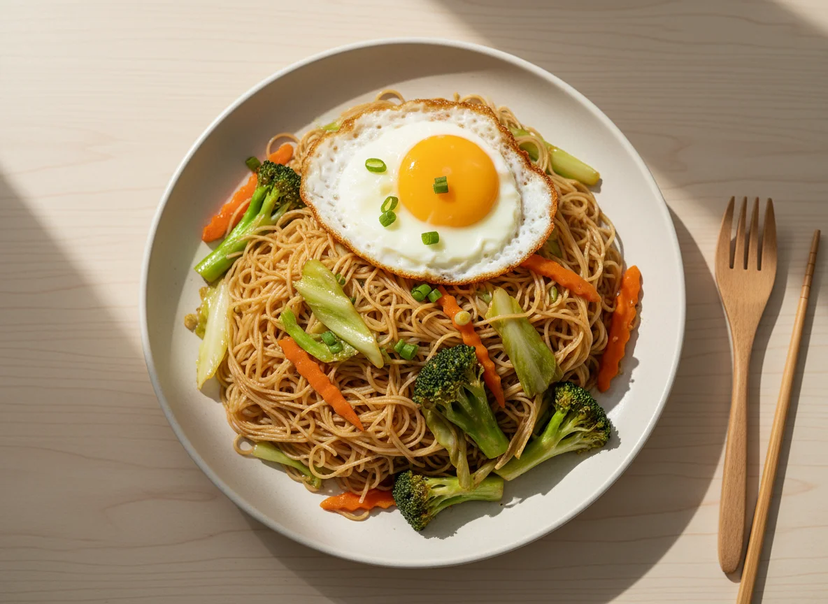 Stir-fried Bee Hoon with Vegetables and Fried Egg photo