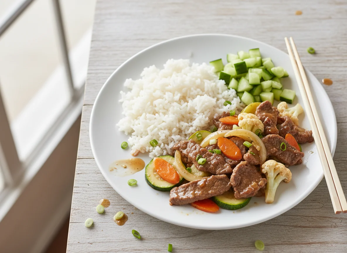 Stir-fried Beef and Vegetables with Rice and Cucumber photo