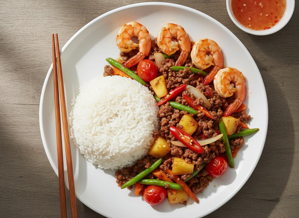 Stir-fried Beef Mince with Vegetables and Pineapple, served with Rice photo