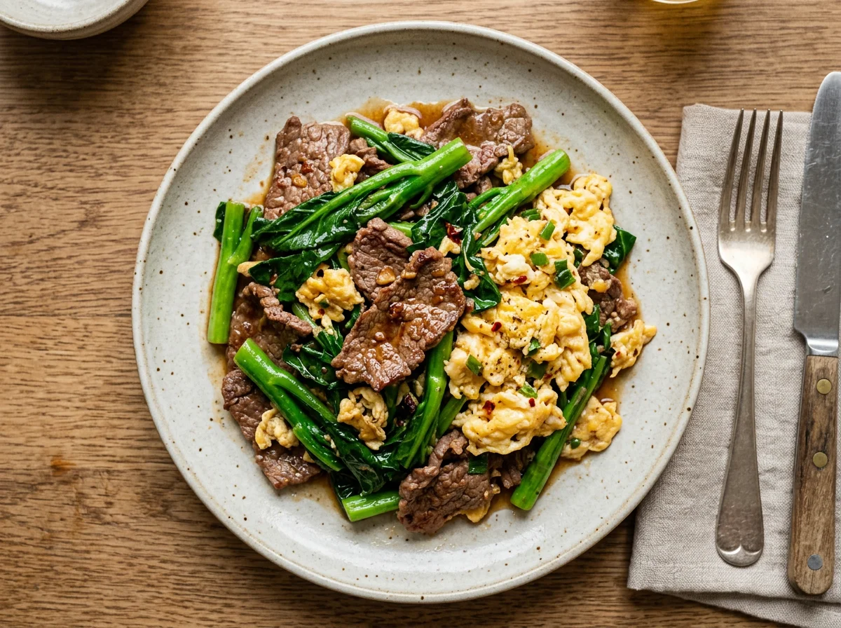Stir-fried Beef with Greens and Scrambled Eggs photo