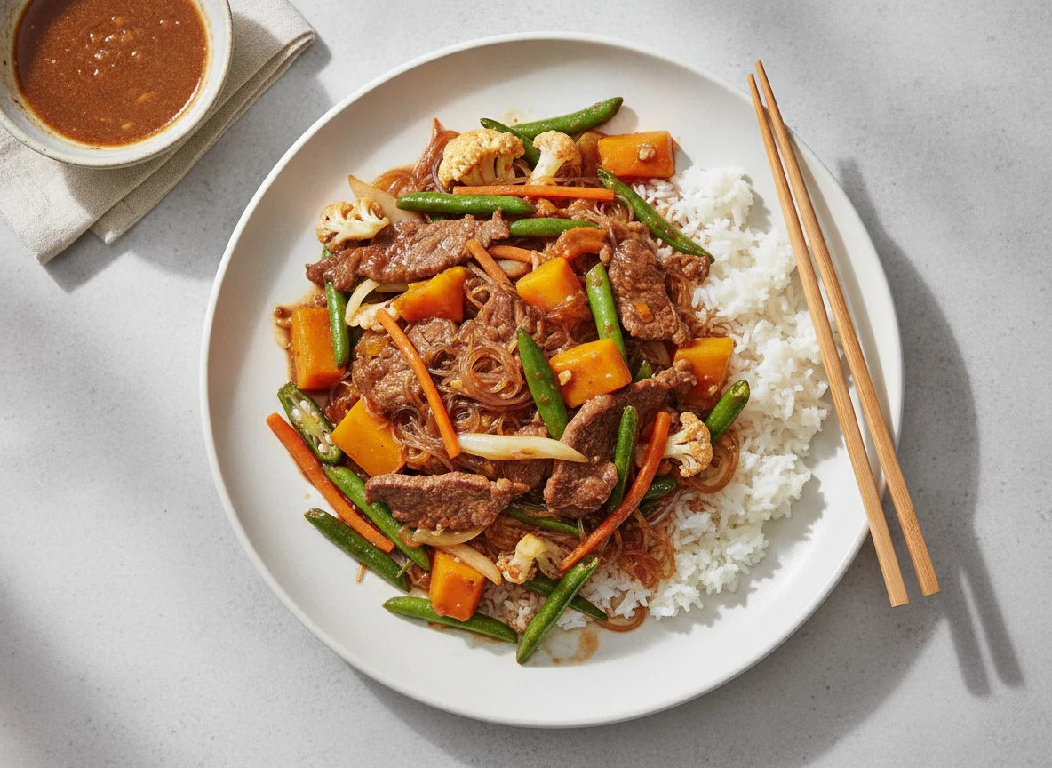 Stir-fried beef with mixed vegetables and rice photo