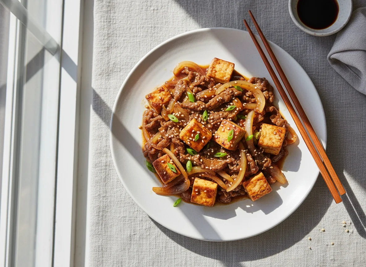 Stir-fried Beef with Onions and Tofu photo